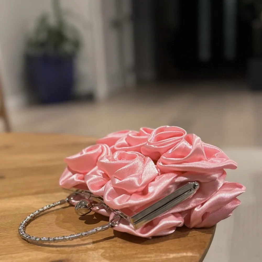 Pink Rose Floral Silk Purse Evening Bag Bridal - Made by IndusThreadss
